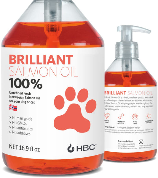 Brilliant Omega 3 Salmon Oil for Dogs & Cats - Norwegian Fish Oil Supplement with EPA & DHA Fatty Acids for Shedding, Allergy, Itching, Dry Skin & Joint Health - Skin and Coat Fish Oil Liquid, 16.9 Oz