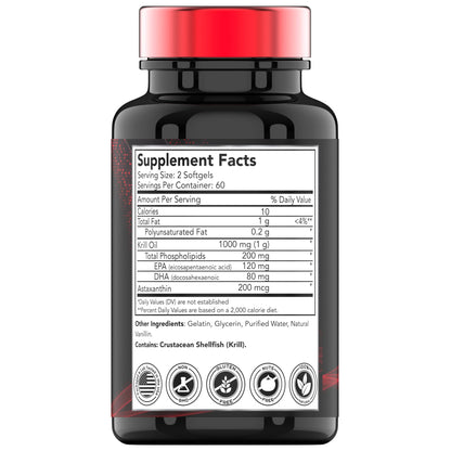 Antarctic Krill Oil 1000mg x 120 Softgels with Astaxanthin | 1000mg Krill Oil, 200 mg Phospholipids, 120 mg EPA, 80 mg DHA, 200 mcg Astaxanthin | Ultra Potent & Pure Omega-3 Cold Water Antarctic Krill