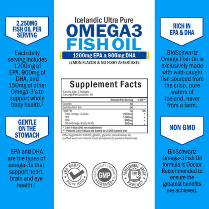 Omega 3 Fish Oil Supplement - 1200mg EPA and 900mg DHA Fatty Acid Per Serving - Supports Joint, Eyes, Brain & Skin Health - Burpless Lemon Flavor, Gluten-Free, 90 Softgels (Packaging May Vary)