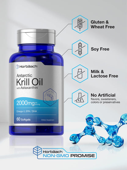 Horbaach Antarctic Krill Oil 2000mg | 60 Softgel Capsules | Omega-3, EPA, DHA Supplement | with Astaxanthin | Non-GMO, Gluten Free