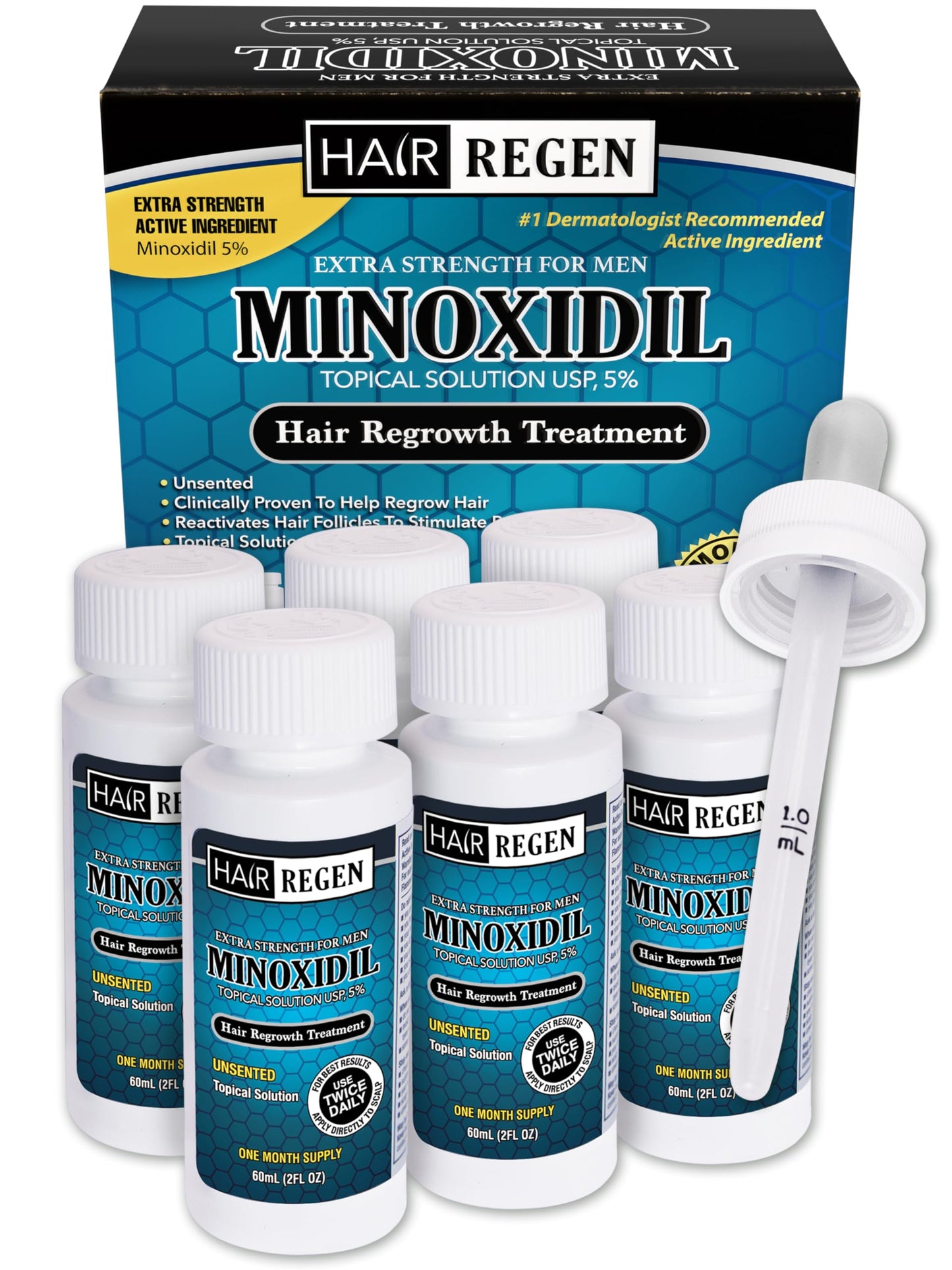 Hair-Regen Advanced 5% Minoxidil Hair Regrowth Treatment for Men- 6 Month Supply, Hair Loss Treatment, Minoxidil Topical Solution for Thicker, Fuller Hair