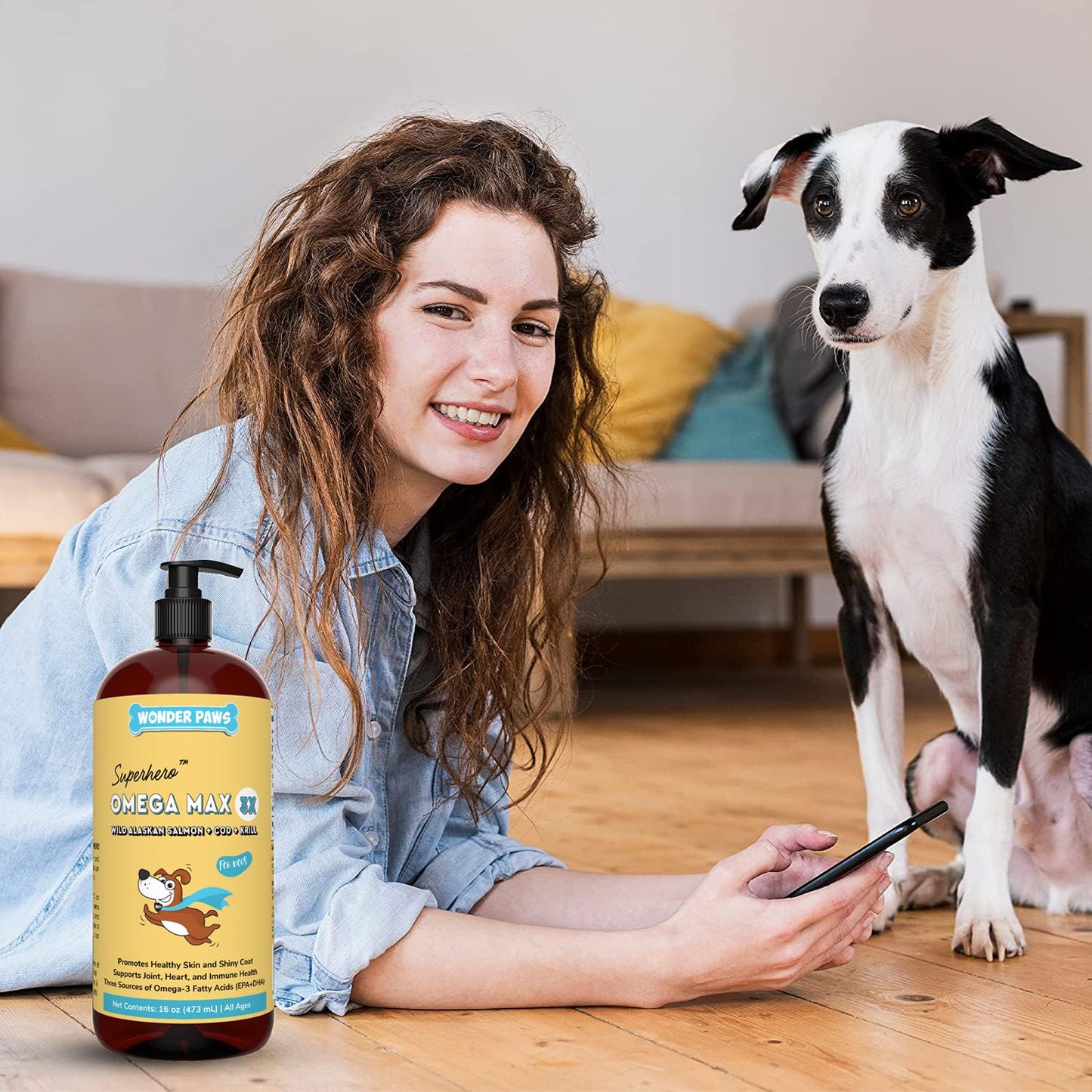 Wonder Paws Fish Oil For Dogs - Omega 3 For Dogs From Alaskan Salmon, Cod & Krill Oil - EPA DHA Fatty Acids - Less Shedding & Itching - Skin, Joint, Immune & Heart Health - 16 oz Pet Liquid Supplement