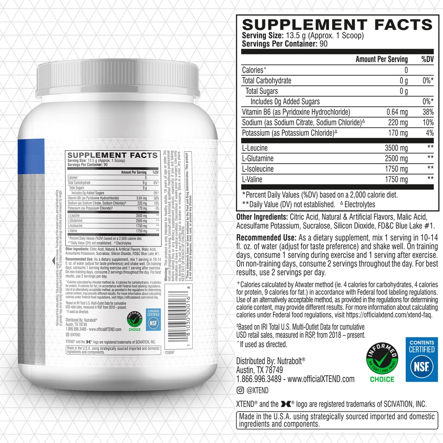 XTEND Original BCAA Powder Blue Raspberry Ice | Sugar Free Post Workout Muscle Recovery Drink with Amino Acids | 7g BCAAs for Men & Women | 90 Servings