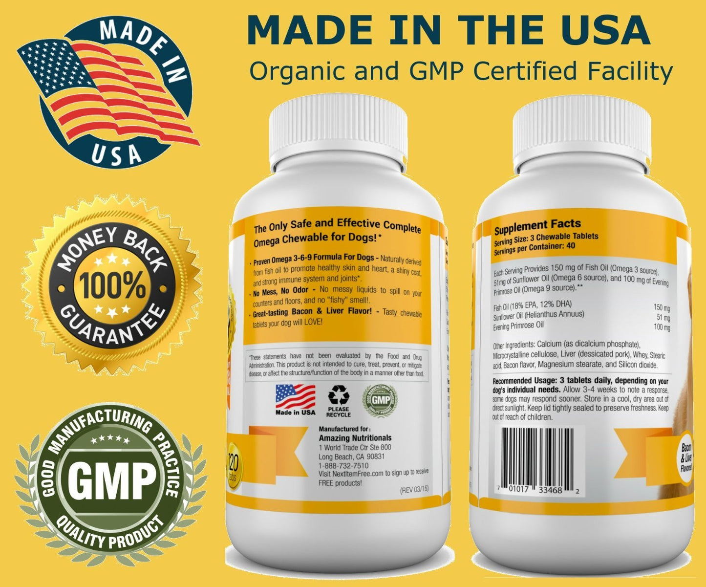 Amazing Omega 3 Fish Oil for Dogs - Omega 3 for Dogs Shedding and Itchy Skin Relief for Dog Dry Skin and Hot Spots, EPA and DHA Fatty Acids, Dog Skin and Coat Supplement - 120 Bacon Flavor Chews