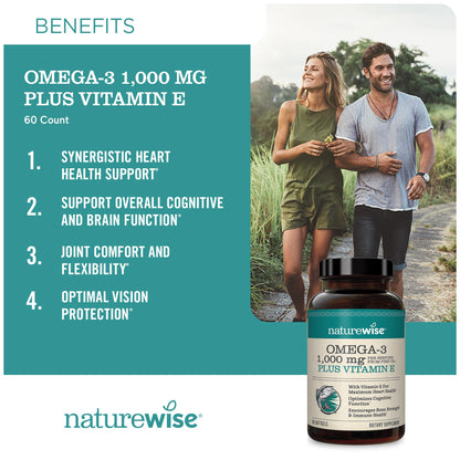 NatureWise Extra-Strength Omega 3 Fish Oil Supplement - 1000mg per Serving - 600 EPA & 400 DHA and Vitamin E - Support for Heart & Brain Health - Lemon Flavor, Non-GMO - 60 Softgels[1-Month Supply]