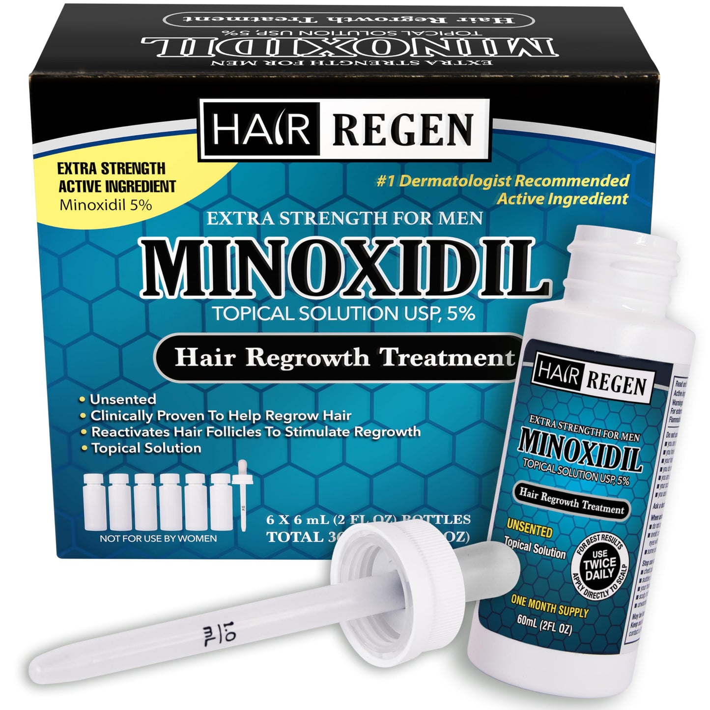 Hair-Regen Advanced 5% Minoxidil Hair Regrowth Treatment for Men- 6 Month Supply, Hair Loss Treatment, Minoxidil Topical Solution for Thicker, Fuller Hair