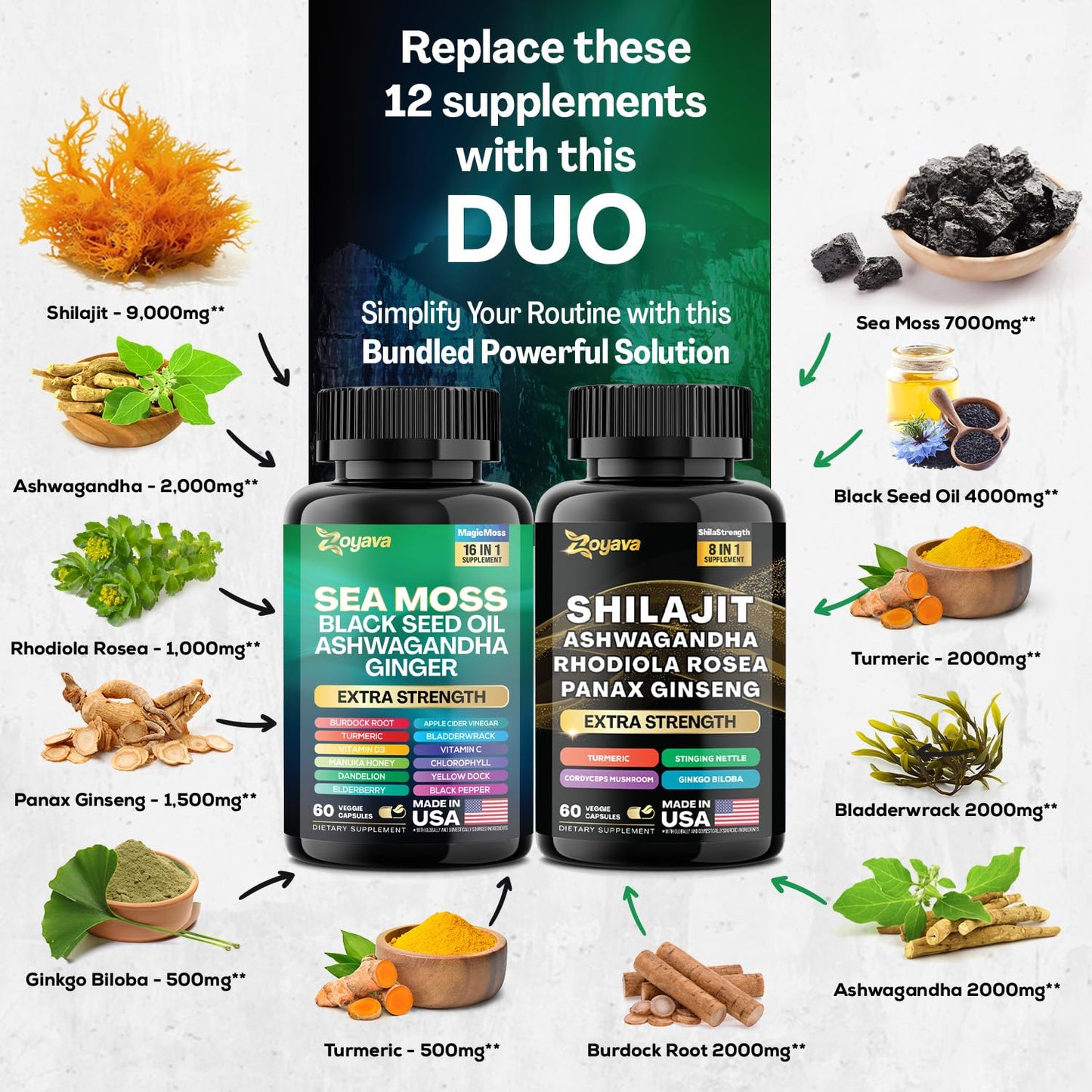 Zoyava Dynamic Vitality Bundle - Sea Moss 7000mg, Black Seed Oil 4000mg, Ashwagandha 2000mg, Ginger & Shilajit 9000mg, Rhodiola Rosea 1000mg, Panax Ginseng 1500mg, All in 1 Supplements (60 Count)