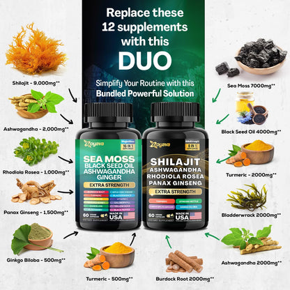 Zoyava Dynamic Vitality Bundle - Sea Moss 7000mg, Black Seed Oil 4000mg, Ashwagandha 2000mg, Ginger & Shilajit 9000mg, Rhodiola Rosea 1000mg, Panax Ginseng 1500mg, All in 1 Supplements (60 Count)