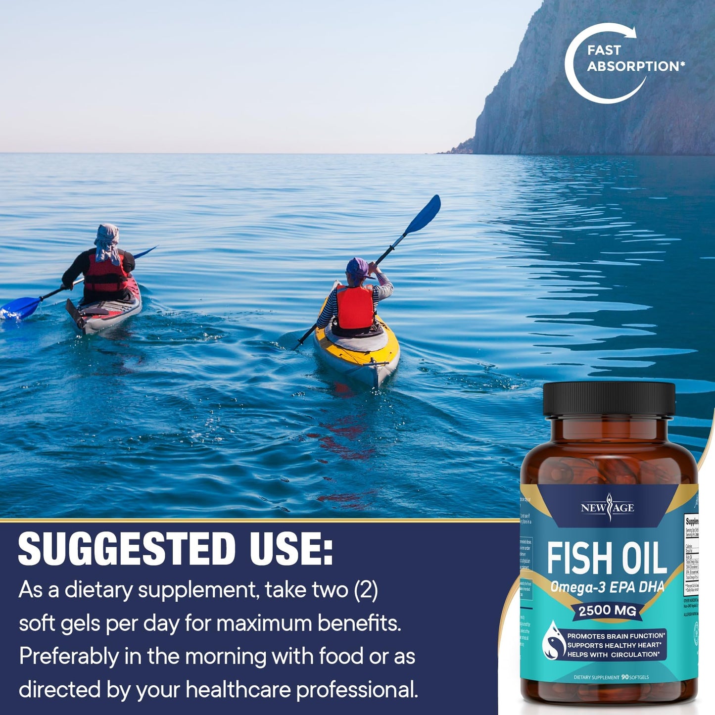 NEW AGE Omega 3 Fish Oil 2500mg Supplement Immune & Helath Support – Promotes Joint, Eye & Skin Health - Non GMO - EPA, DHA Fatty Acids Gluten Free (180 Softgels (Pack of 2))