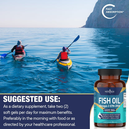 NEW AGE Omega 3 Fish Oil 2500mg Supplement Immune & Helath Support – Promotes Joint, Eye & Skin Health - Non GMO - EPA, DHA Fatty Acids Gluten Free (180 Softgels (Pack of 2))