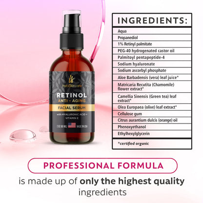 DOUBLE SIZED (2Oz) Retinol Serum for Face with Hyaluronic Acid + Vitamin E and A + Aloe Vera Anti-Aging Serum Pore Tightener Fade Dark Spots Clinical Strength Formula by InstaSkincare