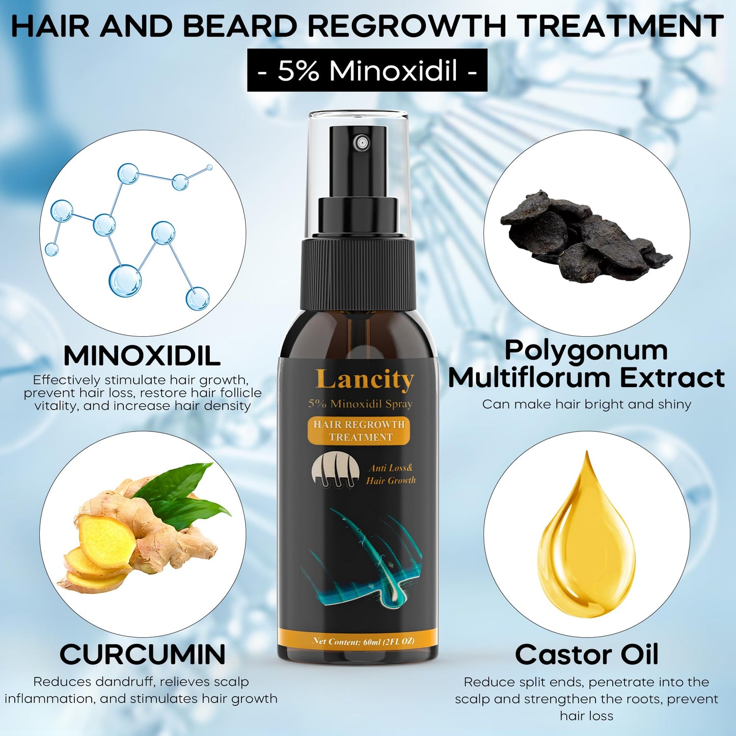 5% Minoxidil Spray Hair growth Serum, Hair Tonic Solution for Women & Men, Beard Growth Spray for Men, Hair Regrowth Treatment One Month Supply (One Bottle)