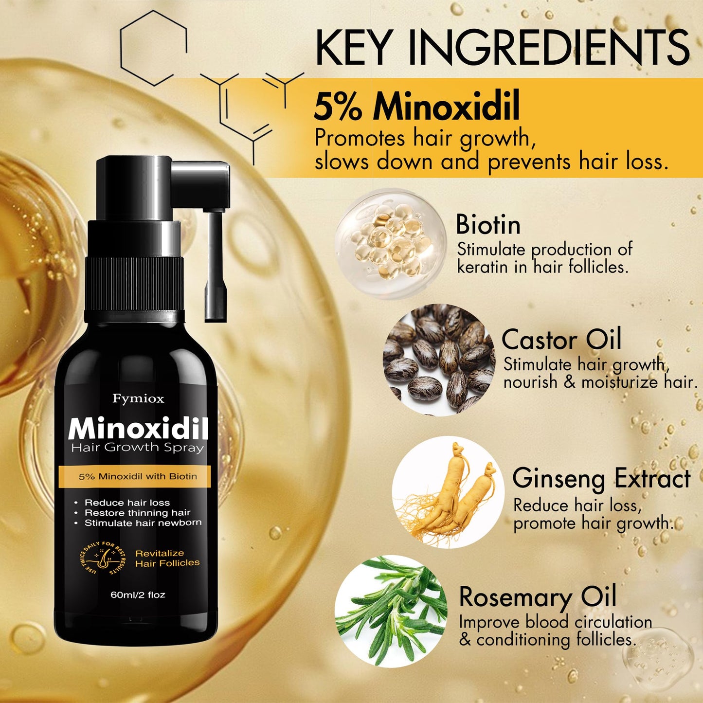5% Minoxidil for Men and Women Hair Growth Oil, Minoxidil 5 Percent Spray, Biotin Hair Growth Serum, Natural Hair Regrowth Treatment for Hair Loss Hair Thinning, Thicker Fuller Healthier Hair 60ml