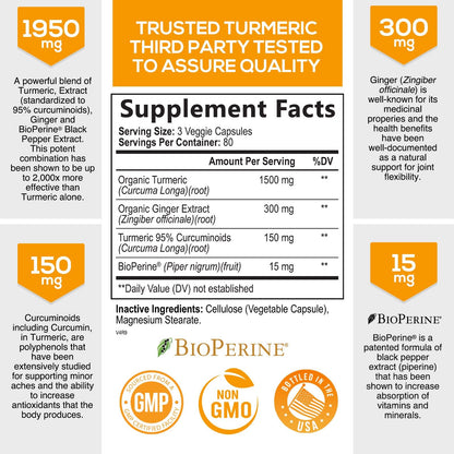 Turmeric Curcumin with BioPerine & Ginger 95% Curcuminoids 1950mg - Black Pepper Extract for Max Absorption, Nature's Joint Support Supplement, Herbal Turmeric Pills, Vegan Non-GMO - 240 Capsules