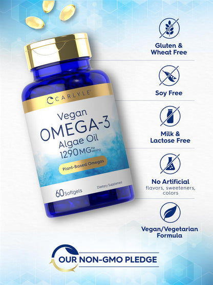 Carlyle Vegan Omega 3 Supplement | 1290 mg | 60 Softgels | Plant Based | Non-GMO & Gluten Free | from Algae Oil