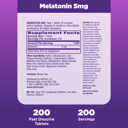 Natrol Sleep Melatonin 5mg Fast Dissolve Tablets, Nighttime Sleep Aid for Adults, 200 Strawberry-Flavored Melatonin Tablets, 200 Day Supply