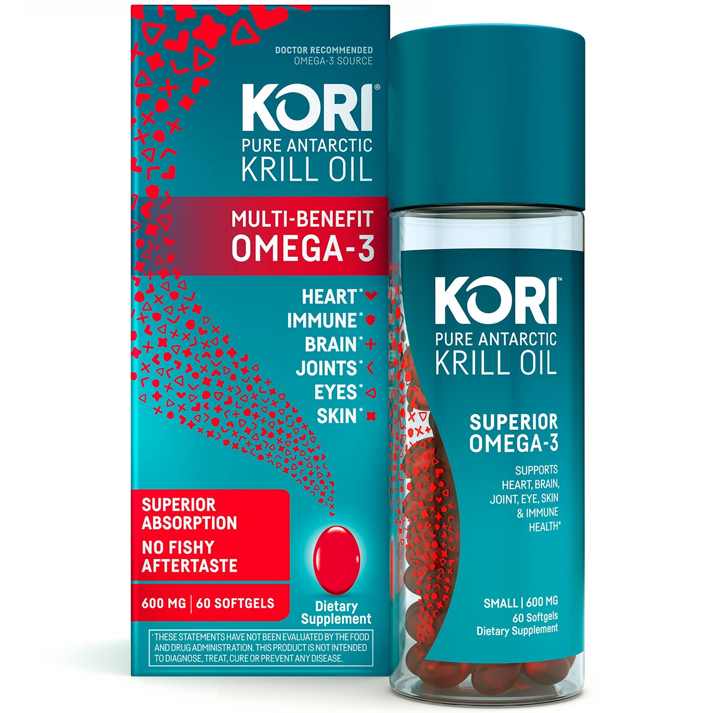 Kori Krill Antarctic Krill Oil Omega 3 Supplement, EPA & DHA, Krill Oil Supplements with Superior Absorption vs. Fish Oil, 600 mg, 60 softgels