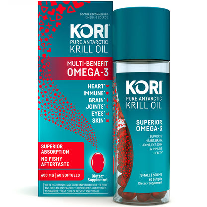 Kori Krill Antarctic Krill Oil Omega 3 Supplement, EPA & DHA, Krill Oil Supplements with Superior Absorption vs. Fish Oil, 600 mg, 60 softgels