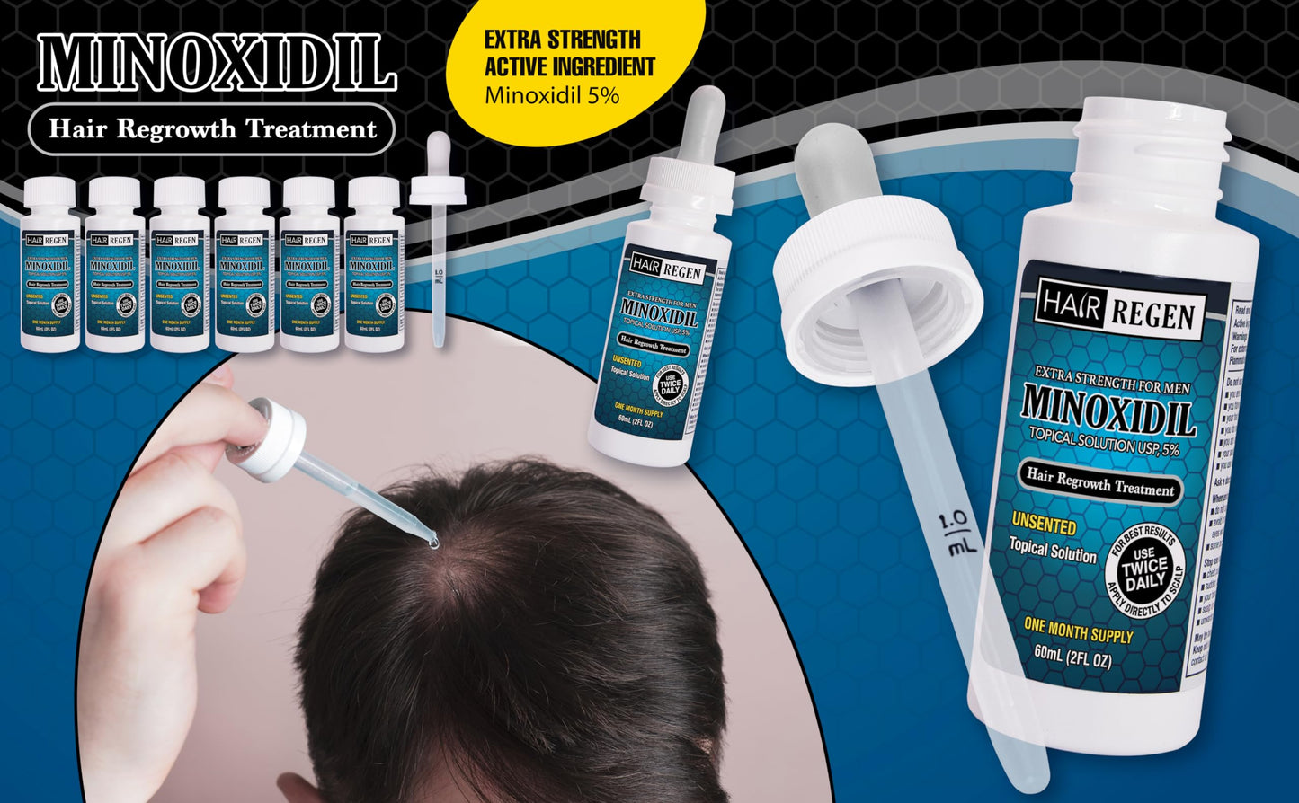 Hair-Regen Advanced 5% Minoxidil Hair Regrowth Treatment for Men- 6 Month Supply, Hair Loss Treatment, Minoxidil Topical Solution for Thicker, Fuller Hair