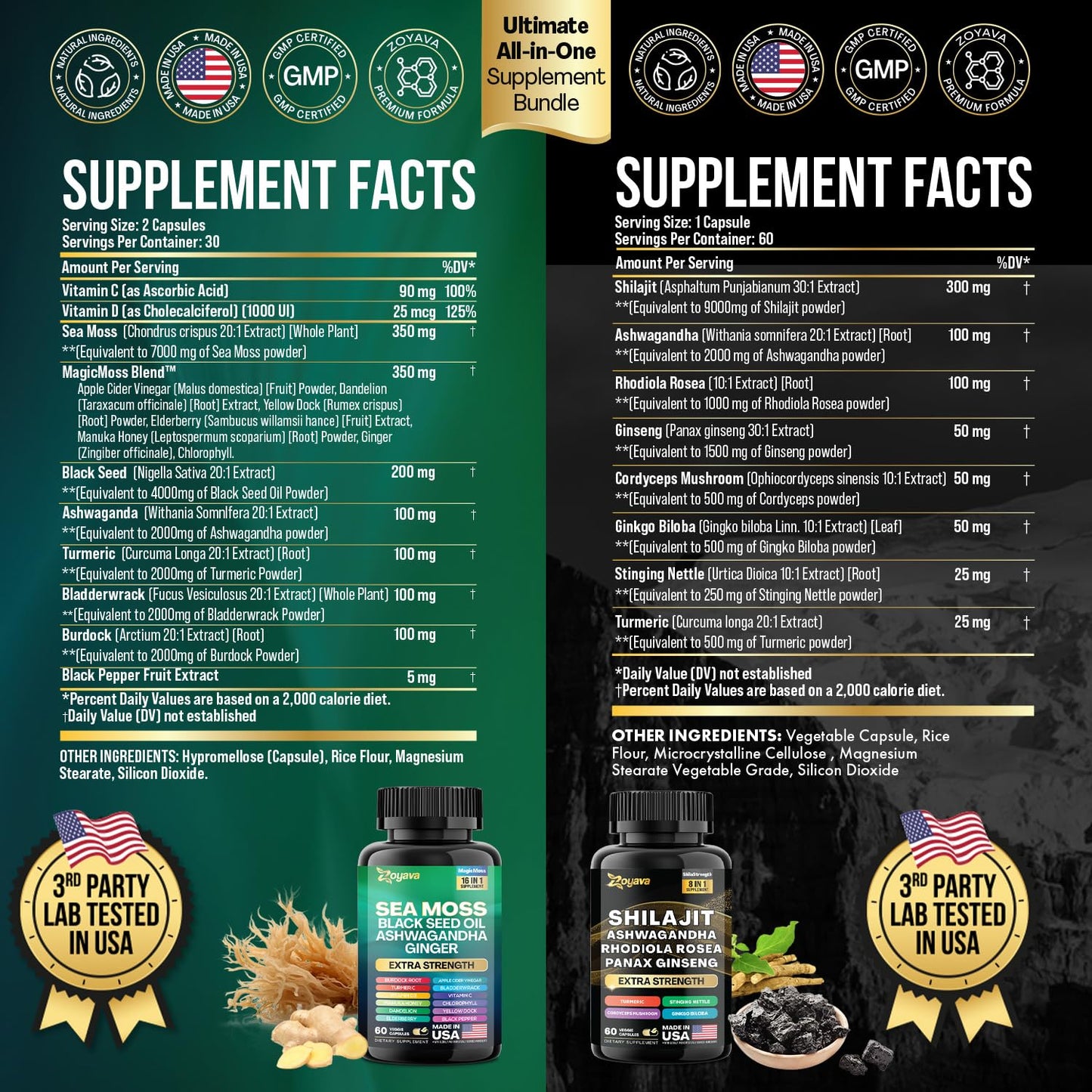 Zoyava Dynamic Vitality Bundle - Sea Moss 7000mg, Black Seed Oil 4000mg, Ashwagandha 2000mg, Ginger & Shilajit 9000mg, Rhodiola Rosea 1000mg, Panax Ginseng 1500mg, All in 1 Supplements (60 Count)
