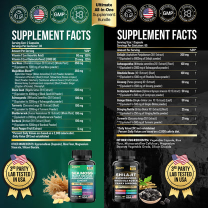 Zoyava Dynamic Vitality Bundle - Sea Moss 7000mg, Black Seed Oil 4000mg, Ashwagandha 2000mg, Ginger & Shilajit 9000mg, Rhodiola Rosea 1000mg, Panax Ginseng 1500mg, All in 1 Supplements (60 Count)