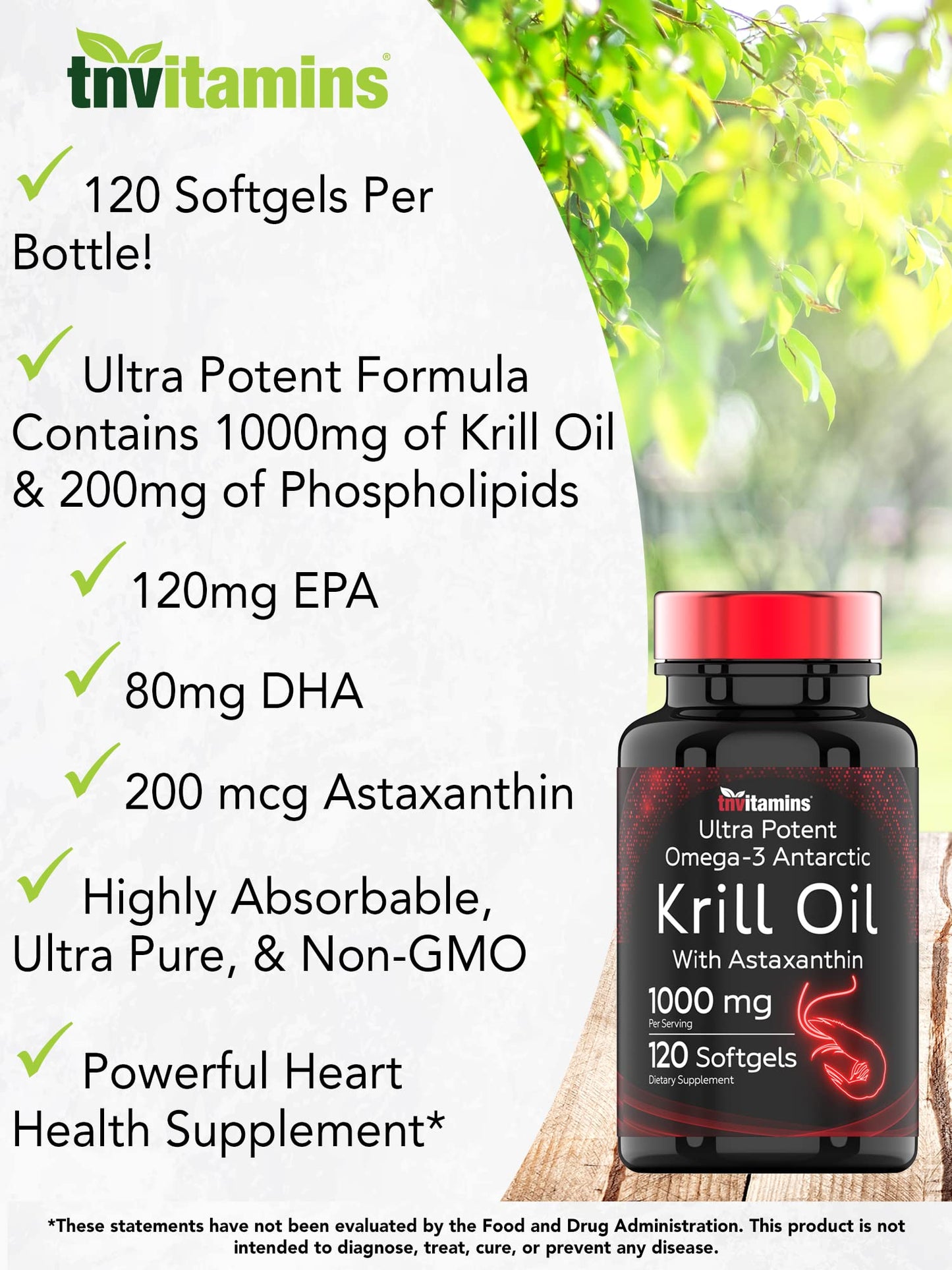 Antarctic Krill Oil 1000mg x 120 Softgels with Astaxanthin | 1000mg Krill Oil, 200 mg Phospholipids, 120 mg EPA, 80 mg DHA, 200 mcg Astaxanthin | Ultra Potent & Pure Omega-3 Cold Water Antarctic Krill