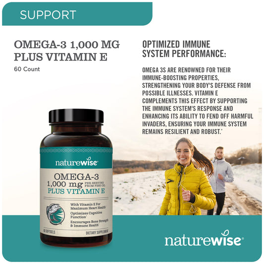 NatureWise Extra-Strength Omega 3 Fish Oil Supplement - 1000mg per Serving - 600 EPA & 400 DHA and Vitamin E - Support for Heart & Brain Health - Lemon Flavor, Non-GMO - 60 Softgels[1-Month Supply]