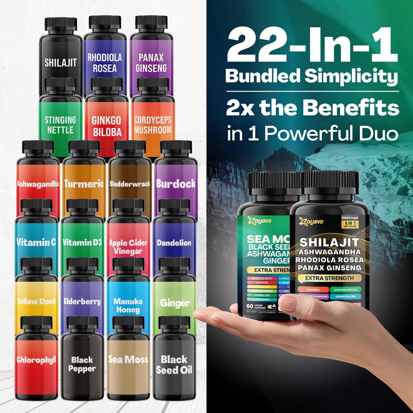 Zoyava Dynamic Vitality Bundle - Sea Moss 7000mg, Black Seed Oil 4000mg, Ashwagandha 2000mg, Ginger & Shilajit 9000mg, Rhodiola Rosea 1000mg, Panax Ginseng 1500mg, All in 1 Supplements (60 Count)