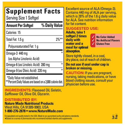 Nature Made Triple Omega 3 6 9, Flaxseed, Safflower, & Olive Oils, Healthy Heart Support, Fish Free Omega 3 Supplement, 150 Softgels, 75 Day Supply
