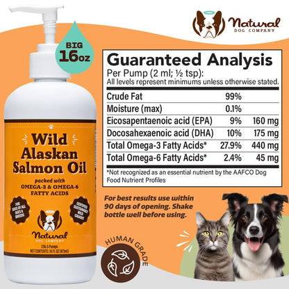 Natural Dog Company Pure Wild Alaskan Salmon Oil for Dogs (16oz) Skin & Coat Supplement for Dogs, Dog Oil for Food with Essential Fatty Acids, Fish Oil Pump for Dogs, Omega 3 Fish Oil for Dogs