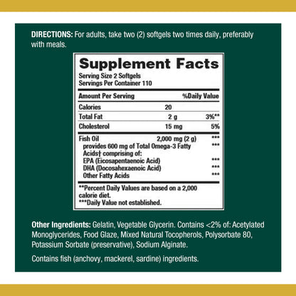 Nature's Bounty Fish Oil, Dietary Supplement, Omega 3, Supports Heart Health, 1000 Mg, 220 Coated Softgels