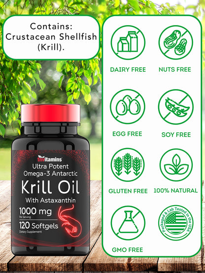 Antarctic Krill Oil 1000mg x 120 Softgels with Astaxanthin | 1000mg Krill Oil, 200 mg Phospholipids, 120 mg EPA, 80 mg DHA, 200 mcg Astaxanthin | Ultra Potent & Pure Omega-3 Cold Water Antarctic Krill