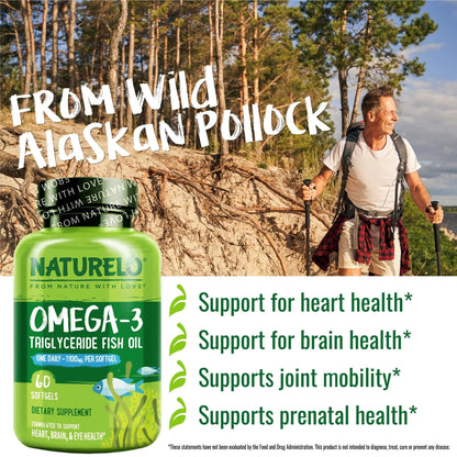 NATURELO Omega-3 Fish Oil Supplement - EPA + DHA - 1100 mg Triglyceride Omega-3 per Gel - One A Day - for Heart, Eye, Brain, Joint Health - No Burps - Lemon Flavor - 60 Softgels | 2 Month Supply