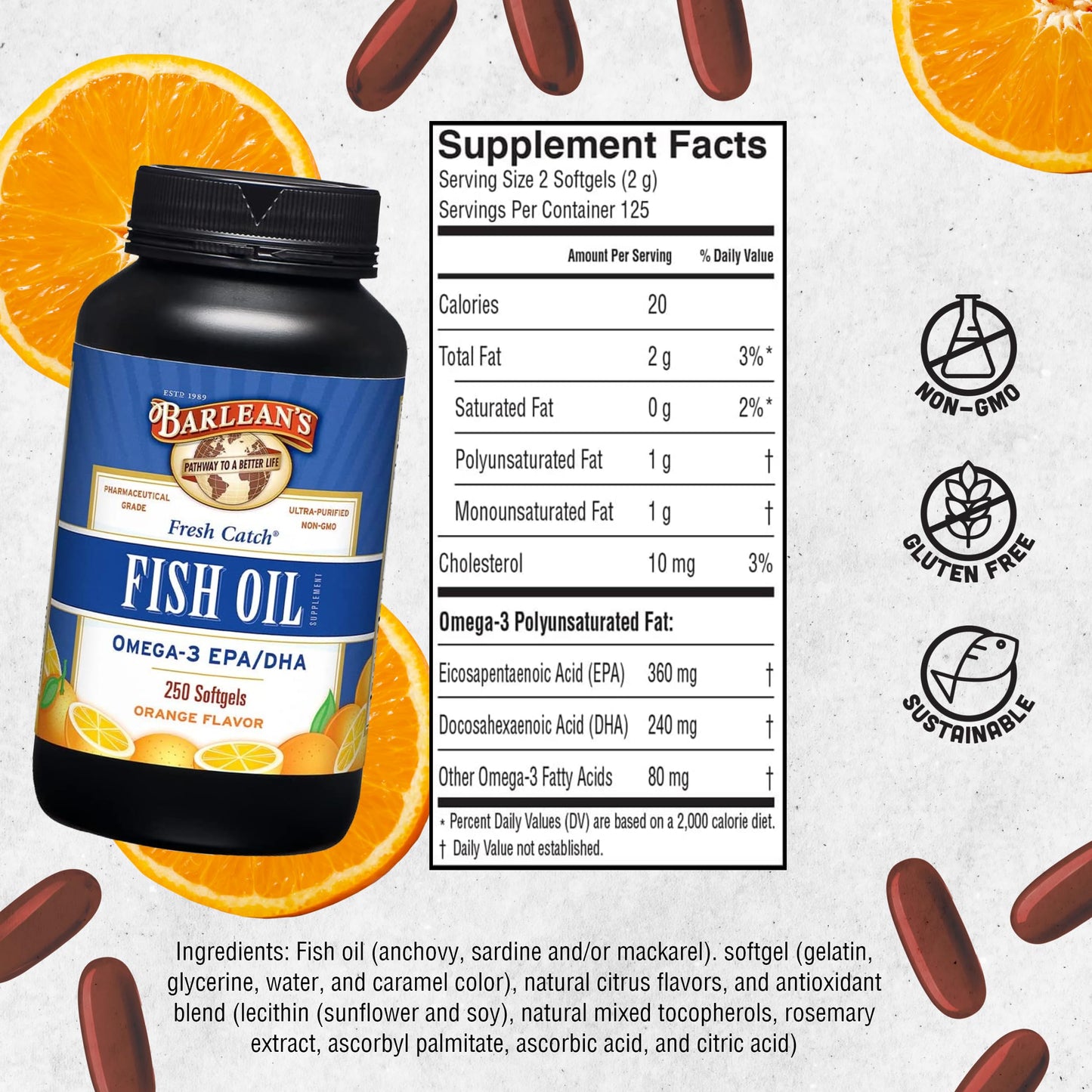 Barlean's Omega 3 Fish Oil Supplements, 1000mg Fish Oil Pills with EPA & DHA, Softgels for Joint, Brain, & Heart Health, Orange Flavored, 250 Count