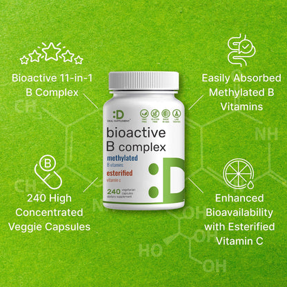 Bioactive Vitamin B Complex | 240 Veggie Capsules - Methylated B Vitamins & Esterified Vitamin C, High Potency & Easy Absorption – Immune, Energy, & Metabolism Supplement – Non-GMO, Vegan