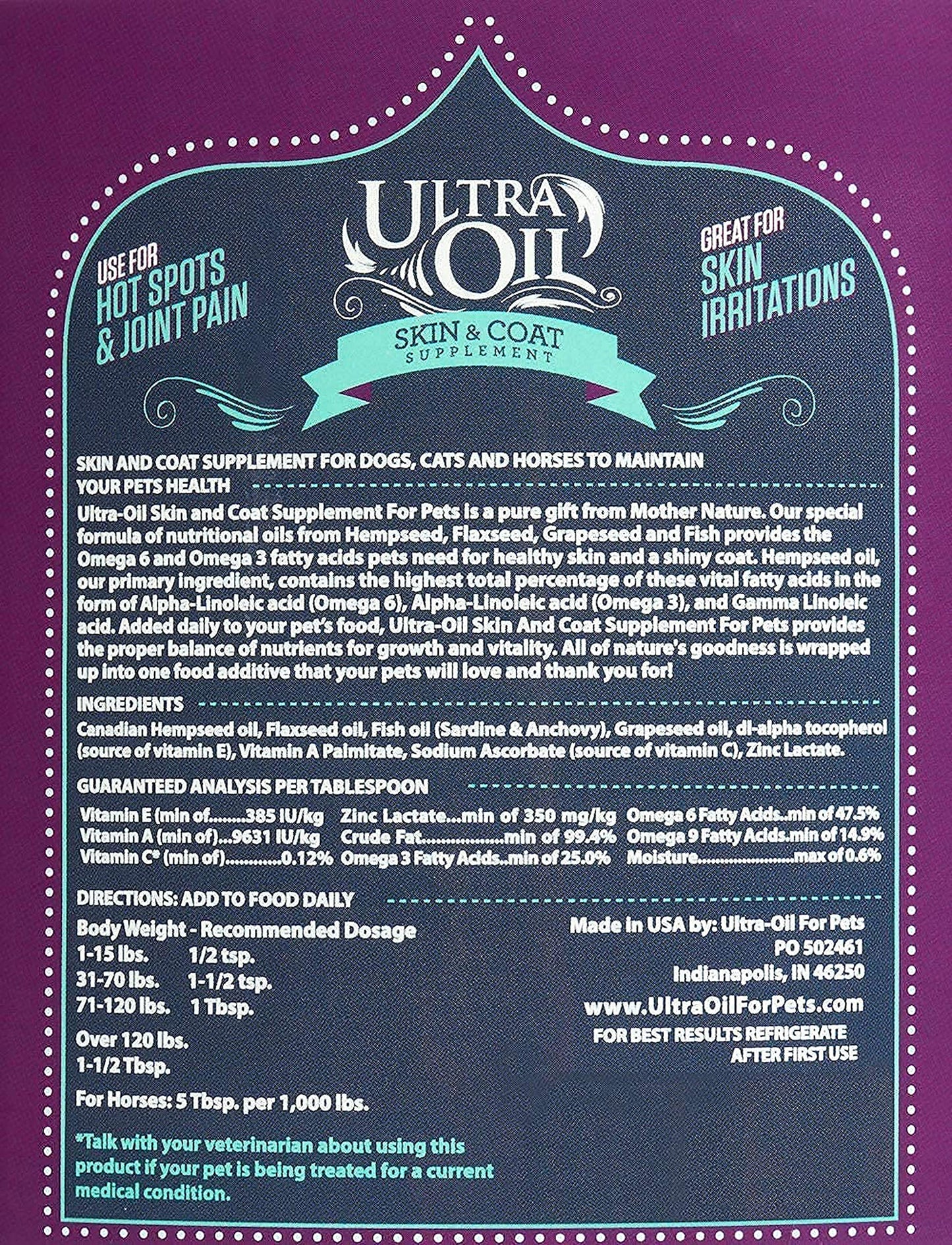 Ultra Oil Skin & Coat Supplement for Dogs & Cats with Hemp, Flaxseed, Grape Seed, Fish Oils - 16oz